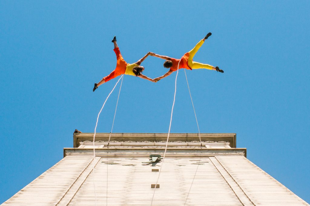 BANDALOOP Dancers Perform on Sather Tower, UC Berkeley, April 18, 2015. Photographed by Kevin Ho Nguyen
