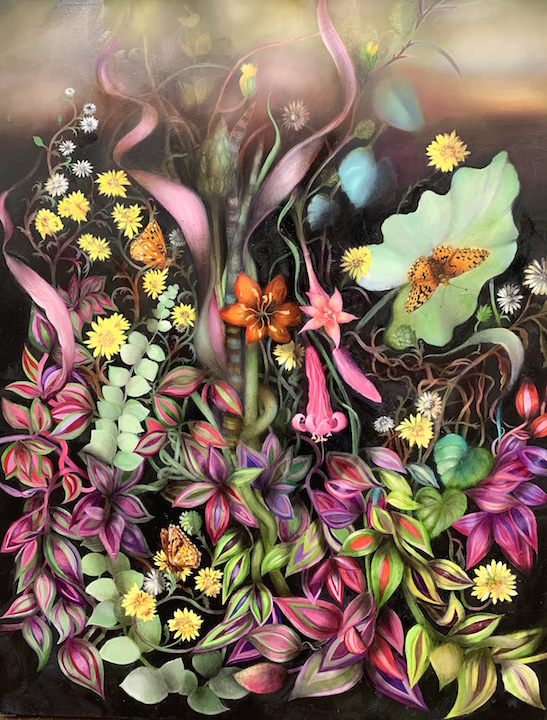 My chosen plant is endangered San Francisco Lessingia Germanium. It is native to the sand dunes of the San Francisco Presidio and the sand dunes on San Bruno Mountain. I had a very small part in helping to restore its dune habitat at the Presidio when the only expertise needed was muscle. In the painting the Lessingia are entangled and competing with a fanciful arrangement of colorful but invasive flora. I included the Myrtle’s Silverspot Butterfly also endangered because it thrives around Lessingia but its larvae are very vulnerable to the pesticides sometimes used to help keep invasive vegetation at bay. I had to add the graceful but very invasive “Naked Ladies” (Amaryllis Belladonna) because to me they signal “August,” grateful to see something predictable about 2020.