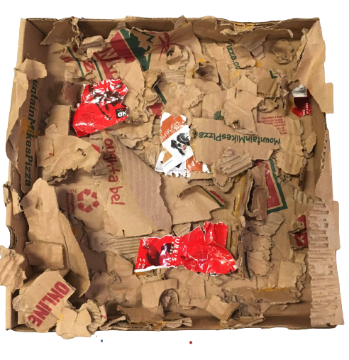 "Jed Shred" - Destroyed Box, Paper by Jed (boxer/canine) assembled by Kara Bayma