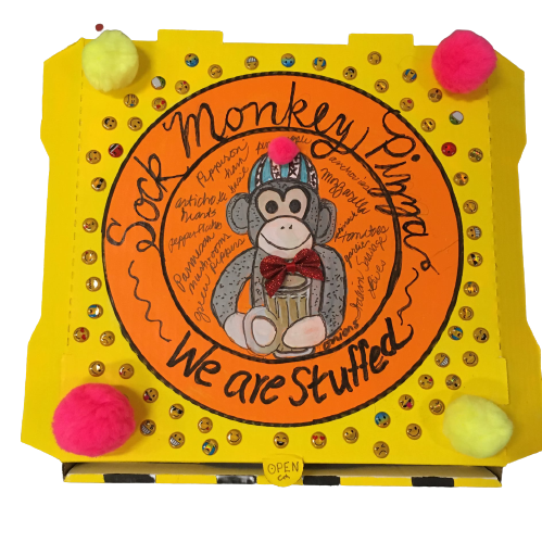 "Sock Monkey Pizza" - Acrylic and Assemblage by Nancy Beliveau (outside)