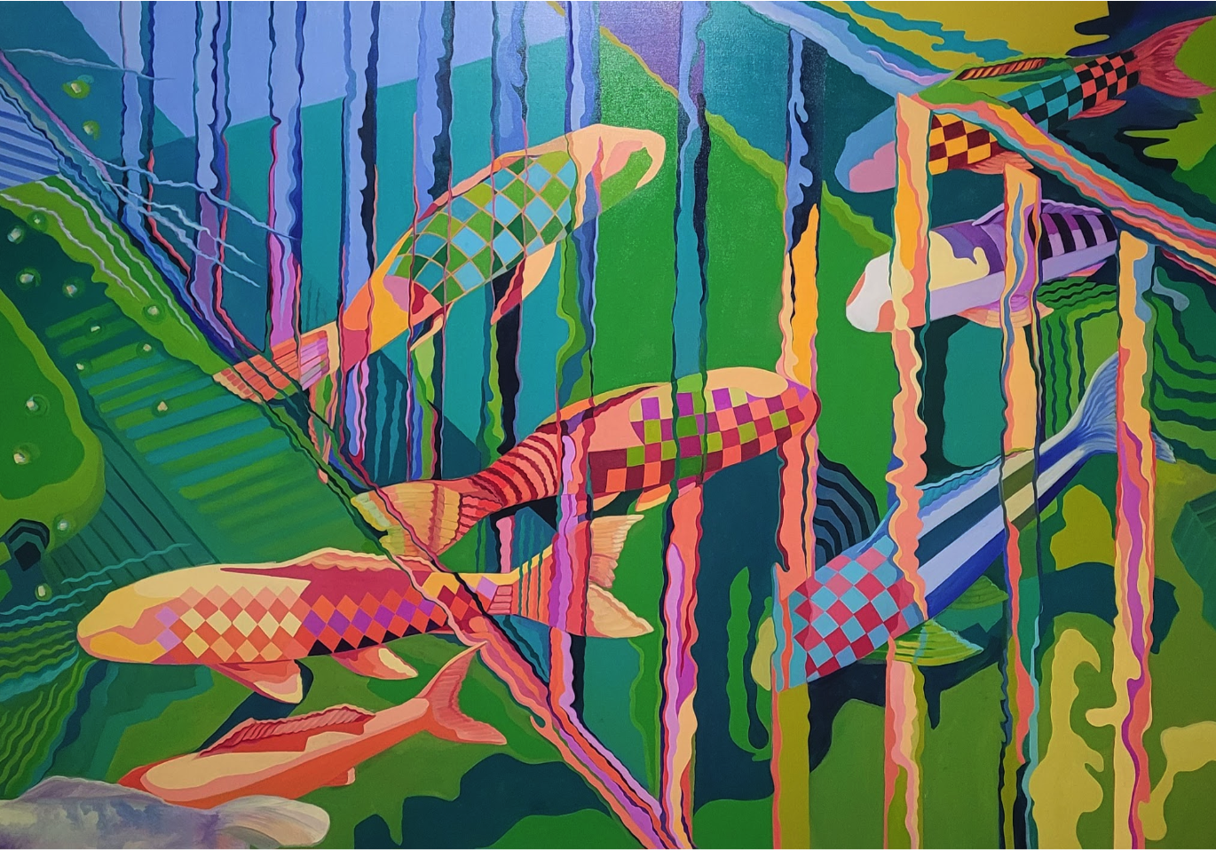 Christine Muratore Evans, "Koi Ladder", 2023, oil on canvas, 48” x 72”